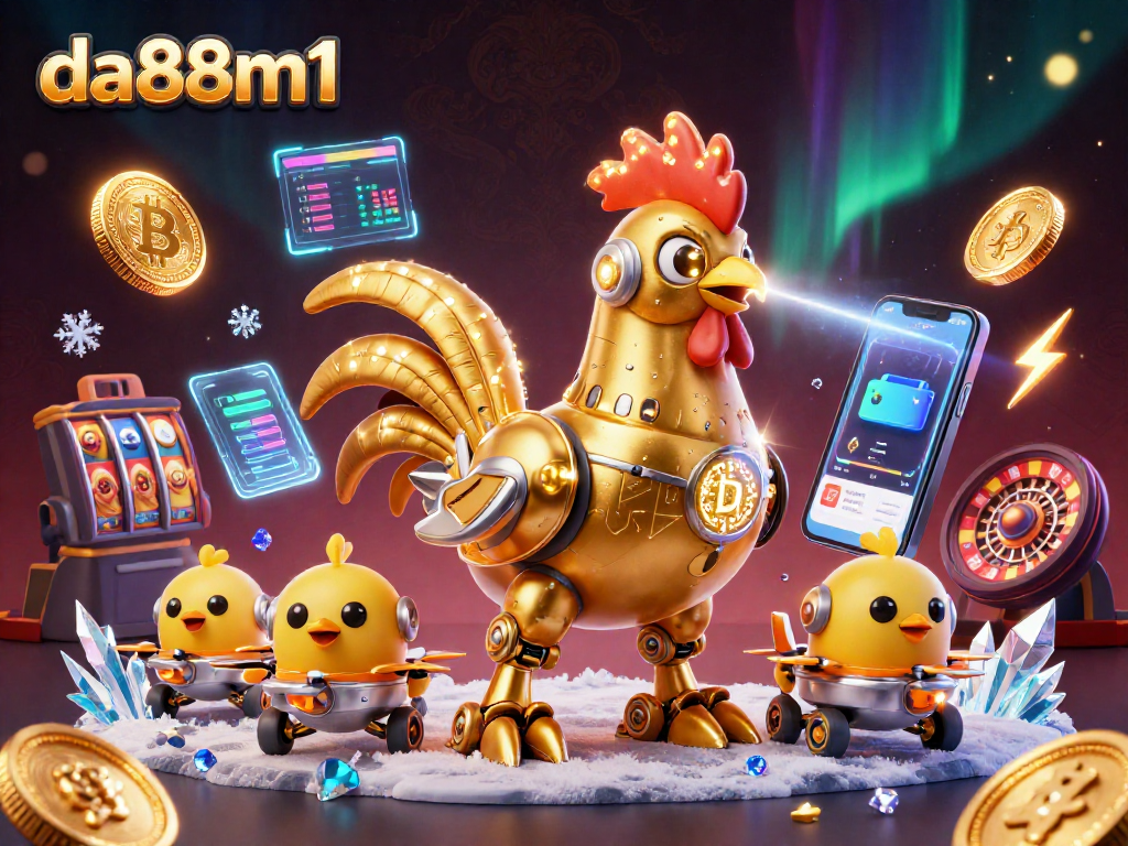 Engage in thrilling gameplay with da88m1, featuring golden rooster robot and crypto elements.