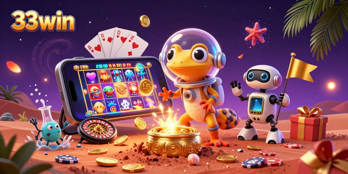 Engage with 33win as a Martian gecko discovers an alien casino in a vibrant, action-packed scene.