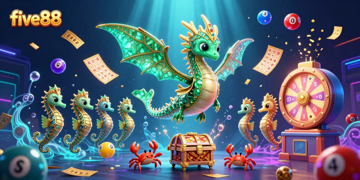 Experience the excitement of five88 with colorful lottery balls and animated treasure elements, illustrating a thrilling gaming adventure.