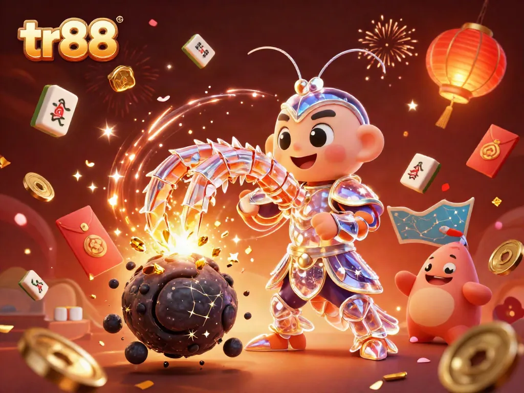 Join the excitement at tr88 with a galactic mantis shrimp heroically battling asteroids, coins, and glowing symbols.