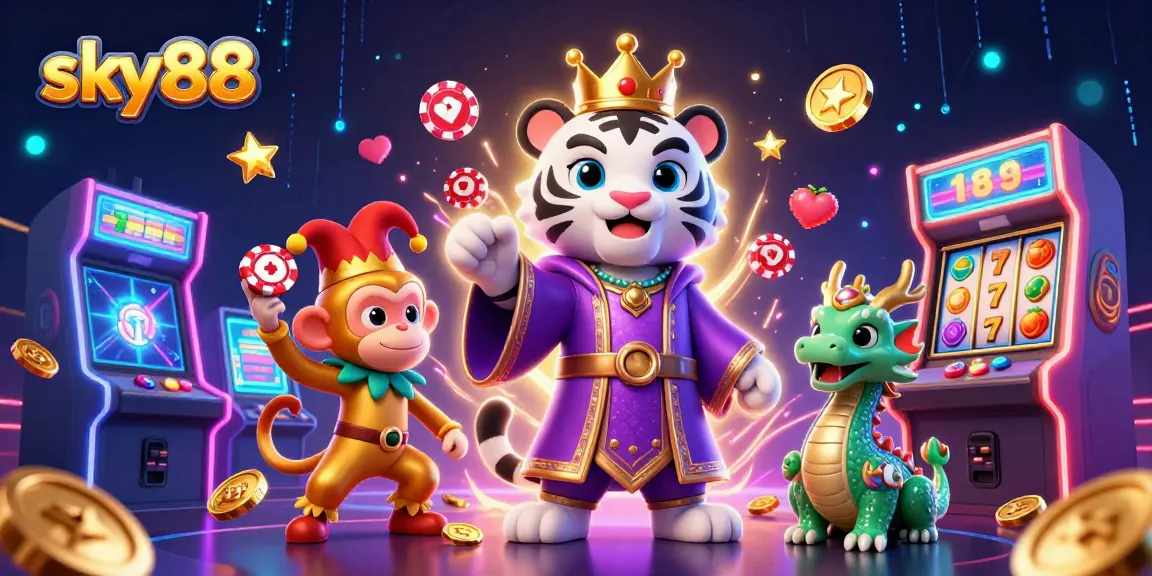 Engage with thrilling gaming at sky88 as a tiger, monkey, and dragon showcase lively casino excitement.