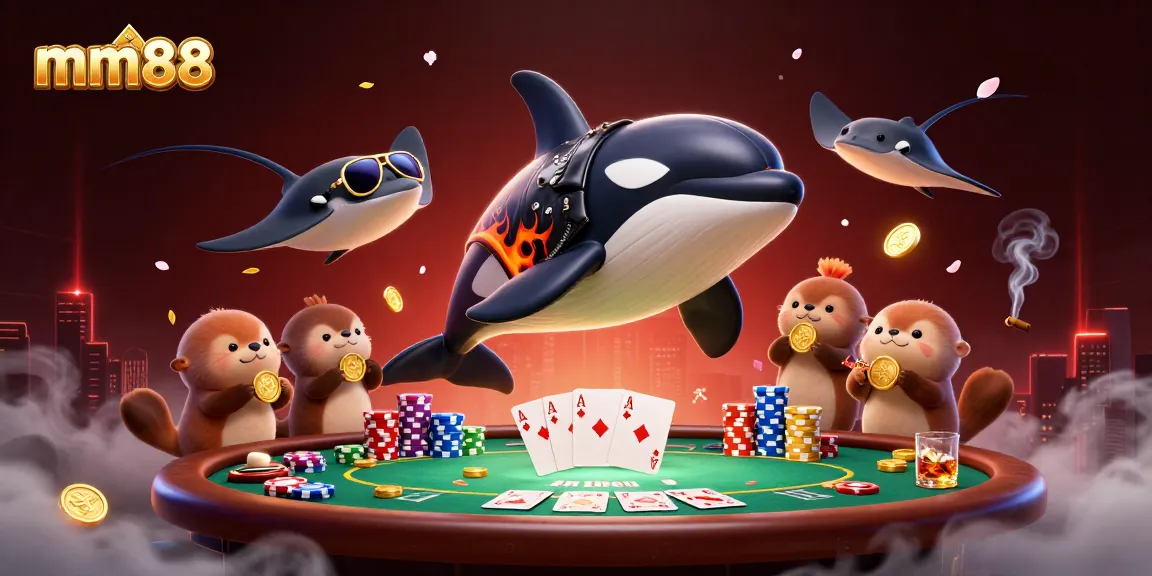 Engage with mm88’s thrilling scene featuring playful characters surrounded by vibrant poker elements.
