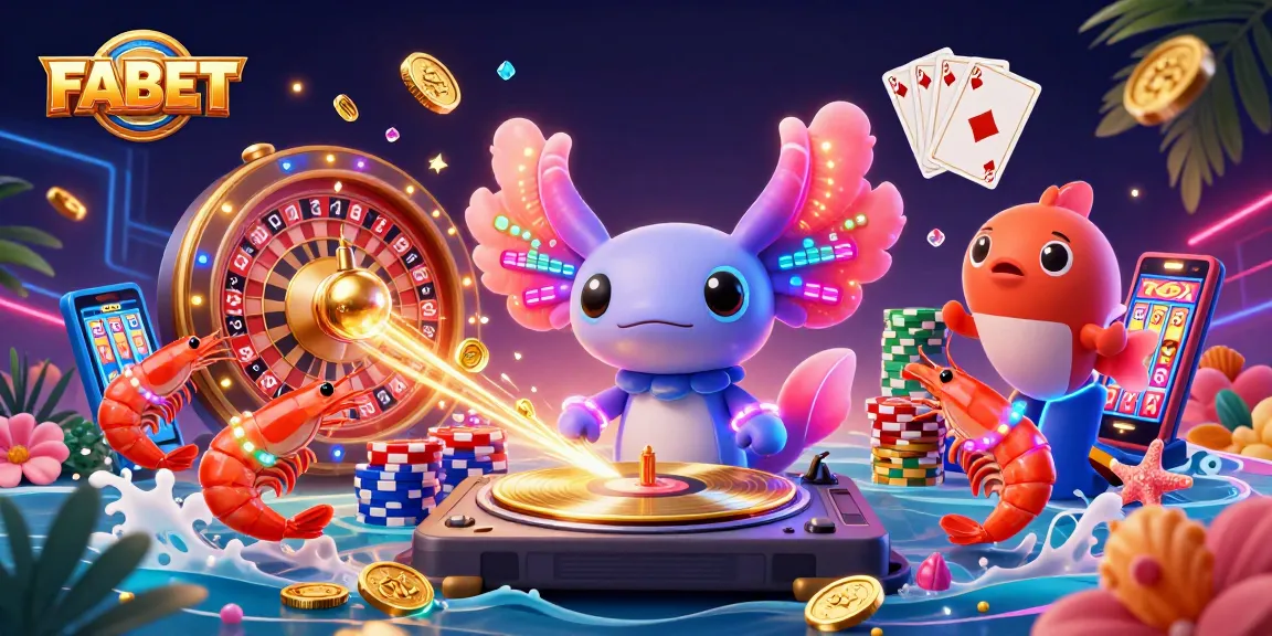 Experience FABET’s vibrant atmosphere with a neon-colored axolotl DJ spinning wins in an energetic casino scene.