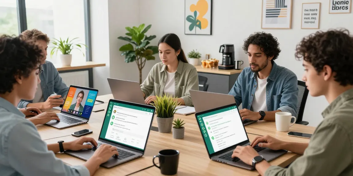 Team collaborating using WhatsApp網頁版 in modern workspace
