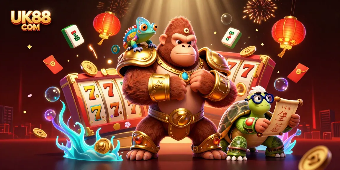 Experience the excitement of UK88 COM with a colorful 3D casino scene featuring a gorilla king and lucky symbols.
