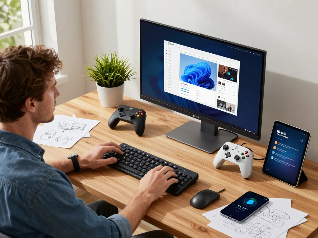 Best tech gadgets for men displayed in a modern workspace with Bluetooth devices and a tech-savvy man.