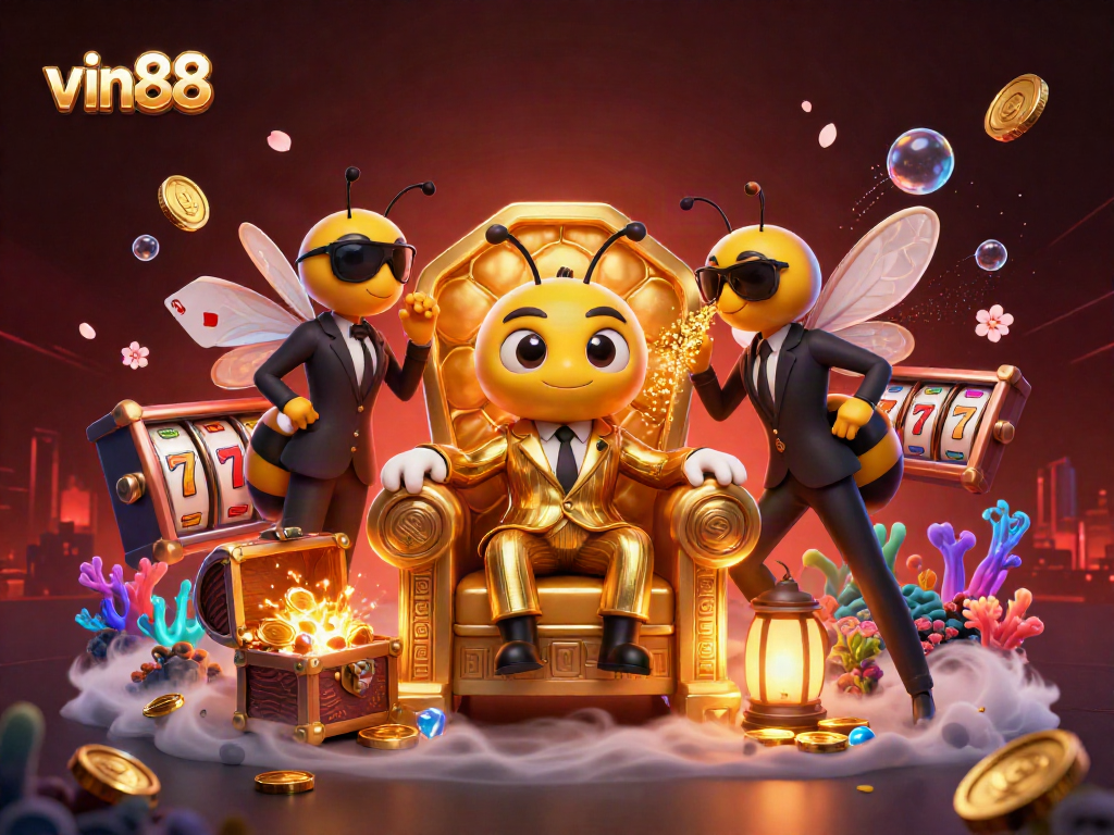 Win big with vin88's vibrant casino experience featuring a cartoon bumblebee boss and dynamic gaming elements.