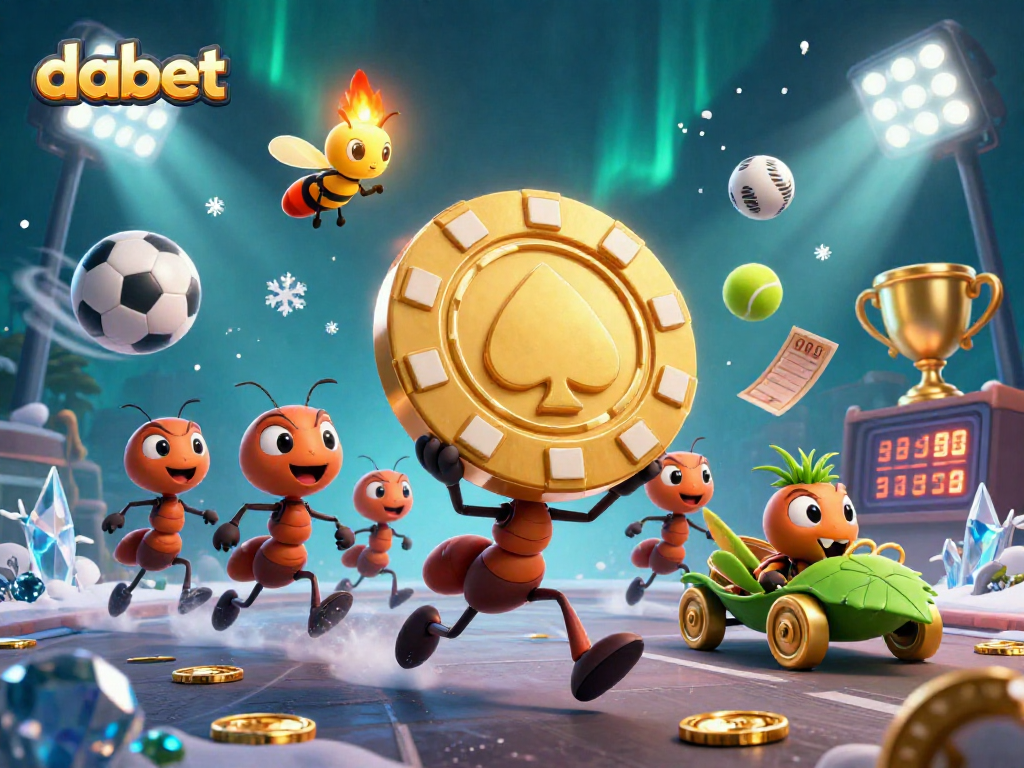 Ants execute a heist at dabet, running with a gold poker chip while surrounded by vibrant gaming elements.