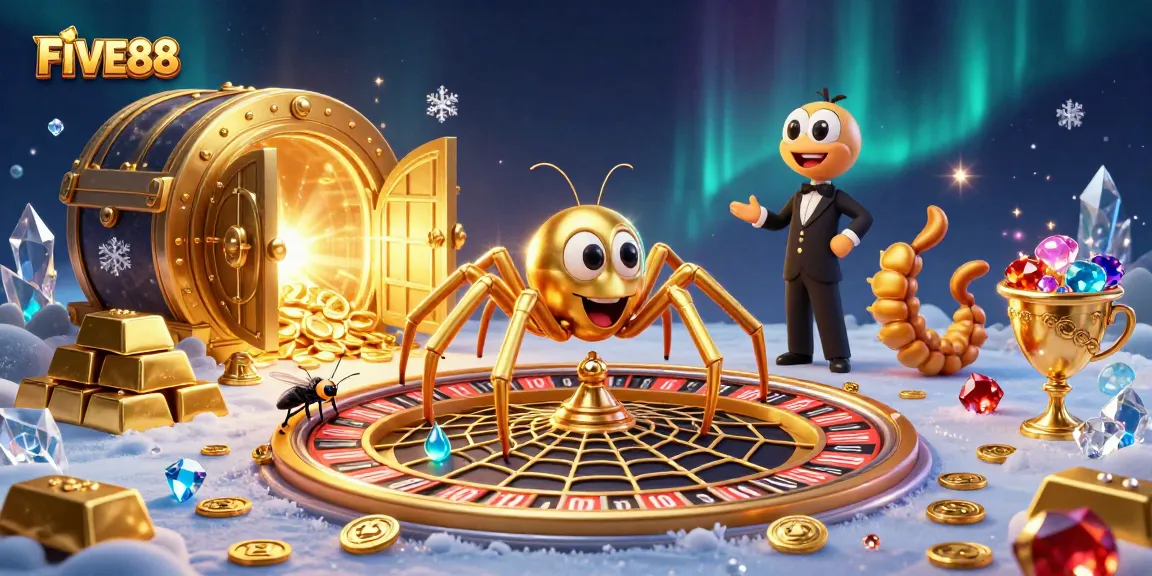 FIVE88 offers thrilling bets with a spider spinning roulette and a centipede croupier, surrounded by rich casino treasures.