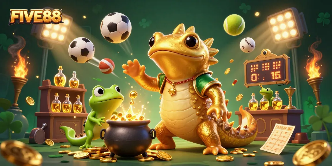 FIVE88 delivers thrilling sports betting excitement with dynamic action, trophies, and golden elements.