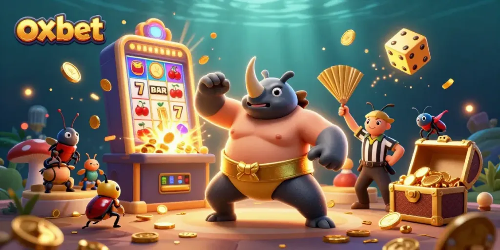 Spin to win at oxbet with vibrant 3D casino scene featuring a lively beetle championship and jackpot