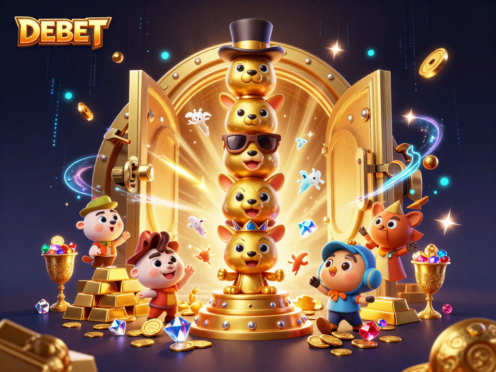 Play exciting casino games with DEBET featuring a lively 3D golden totem and treasure.