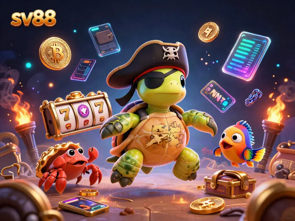 Engage with sv88's vibrant casino landscape, showcasing a pirate turtle and friends amidst golden jackpot slots.