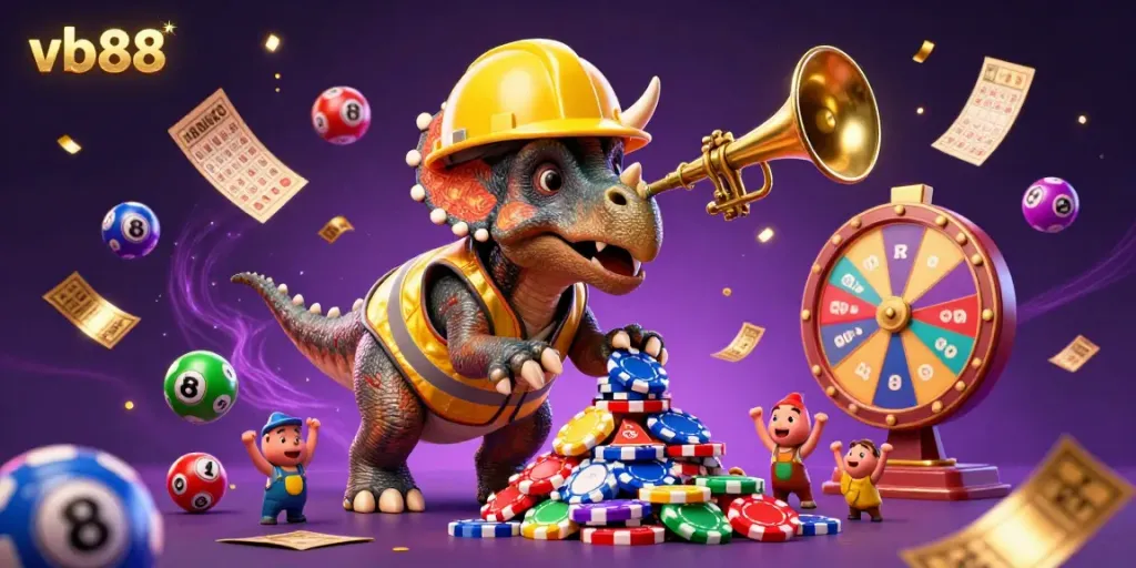 Join the excitement at vb88 with cheering dinosaurs and vibrant casino elements in a lively illustration.