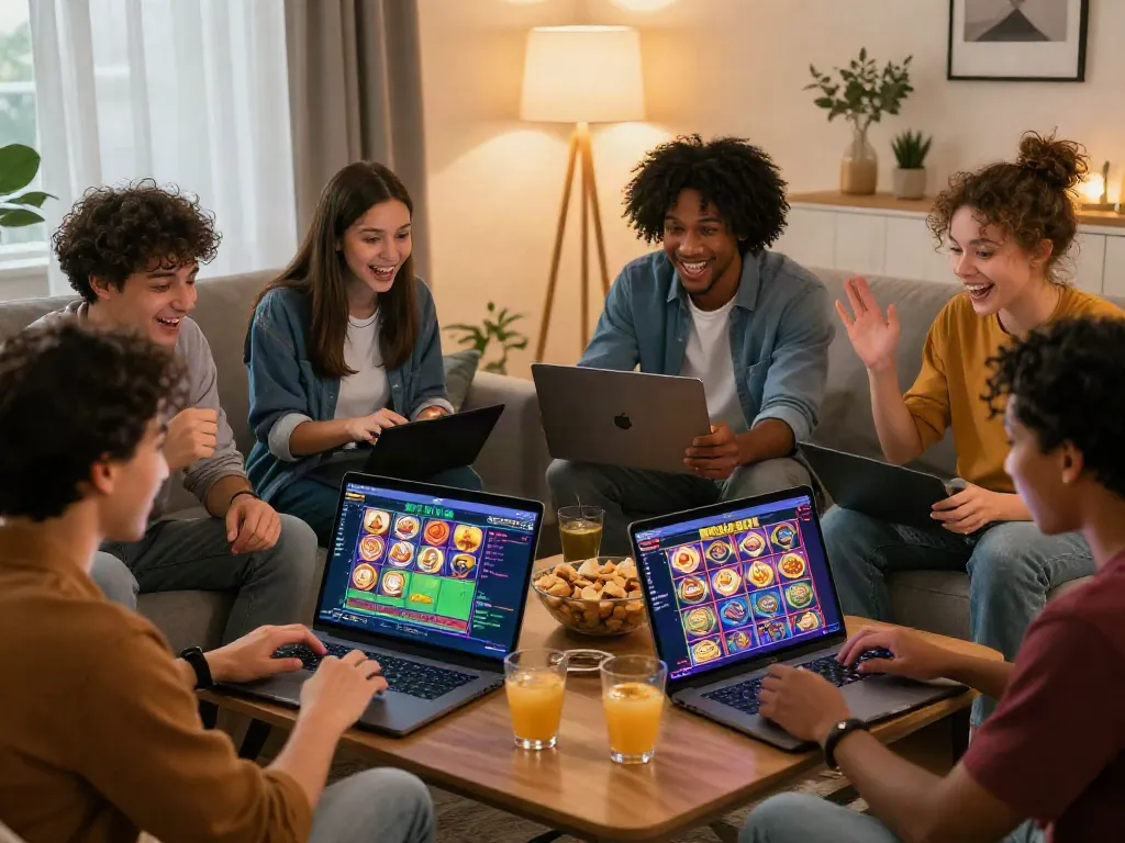 Friends enjoying an online gaming session on https://net88.broker/ in a cozy living room.