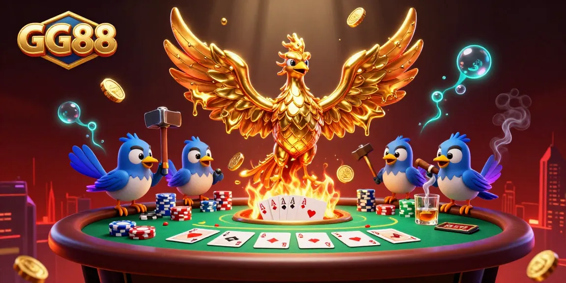 Experience thrilling gameplay at GG88 with a vibrant 3D casino scene featuring poker elements and a golden phoenix.