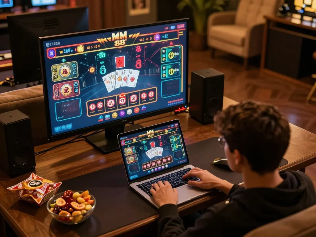 A player engaging in MM 88 online casino gaming on a laptop with vibrant graphics.