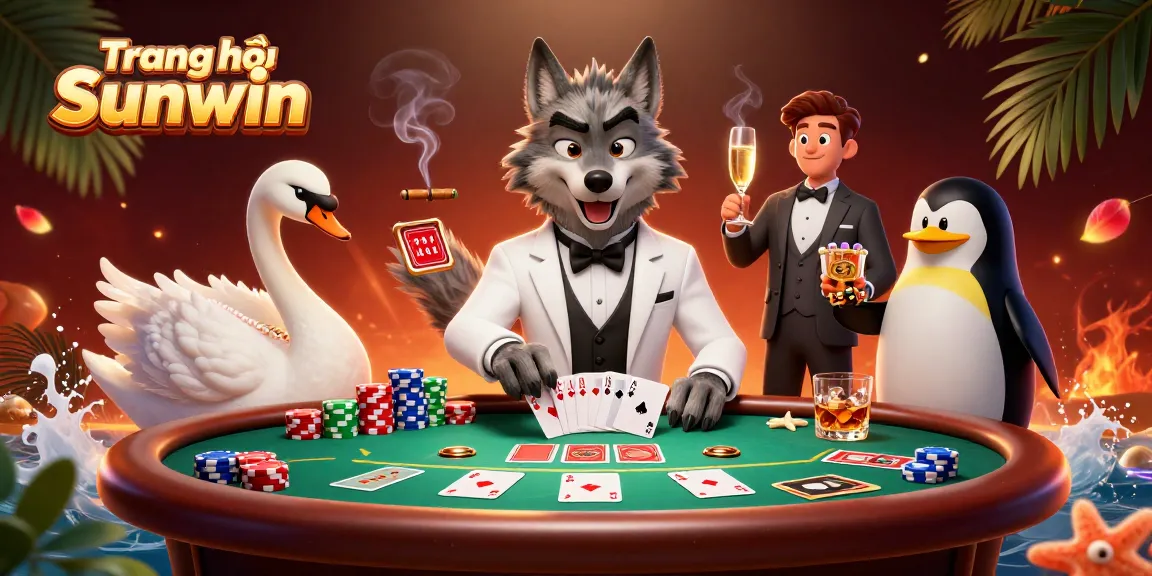 Experience the thrilling atmosphere of Trang chủ Sunwin as the debonair wolf joins the elegant swan and sophisticated penguin in a captivating casino scene.