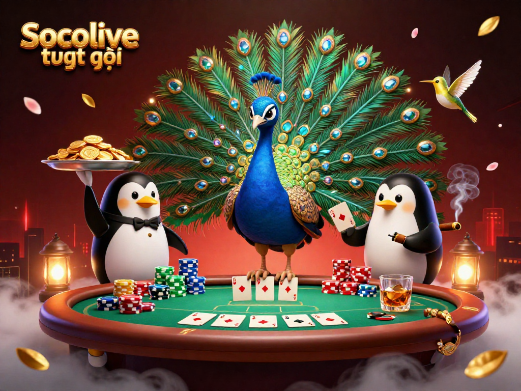 Socolive trực tiếp showcases a lively poker scene with an aristocratic peacock and golden chips.