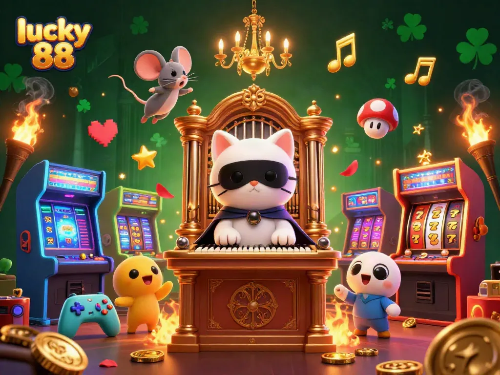 Experience thrilling action at lucky 88 with a dazzling cat organist and colorful gaming elements.