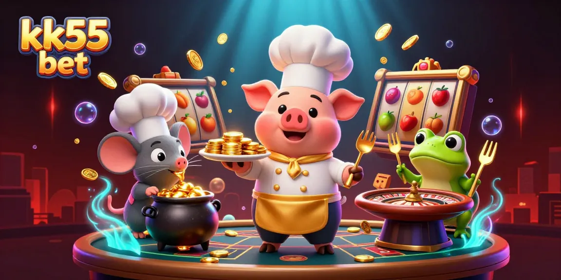 Experience thrilling wins at kk55 bet with vibrant casino-themed characters and gold coins.