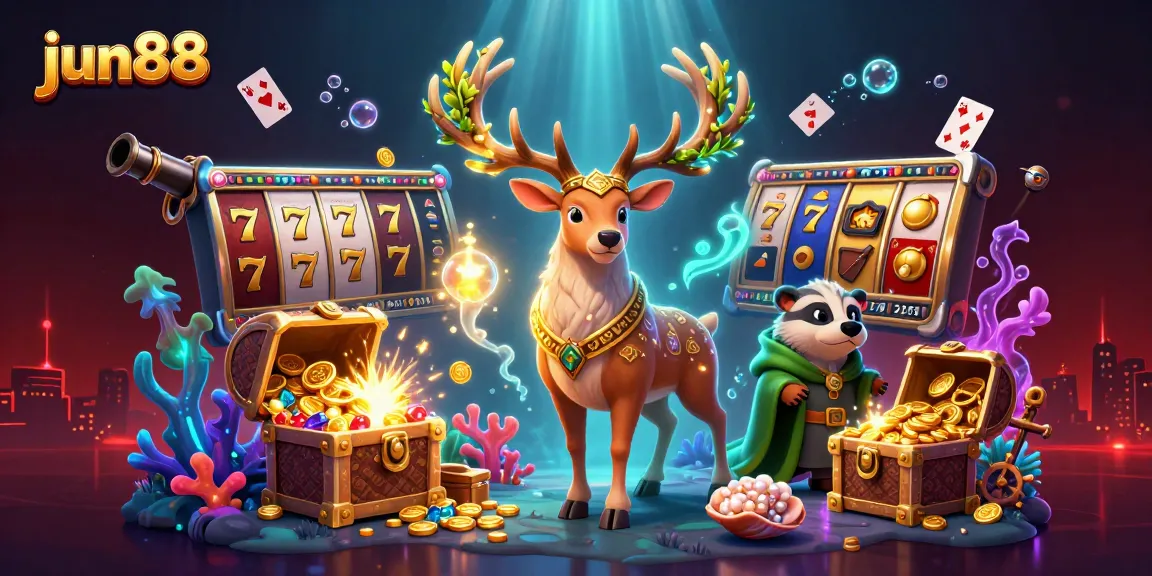 Experience thrilling jackpots and games with jun88's vibrant casino scene featuring animated characters.