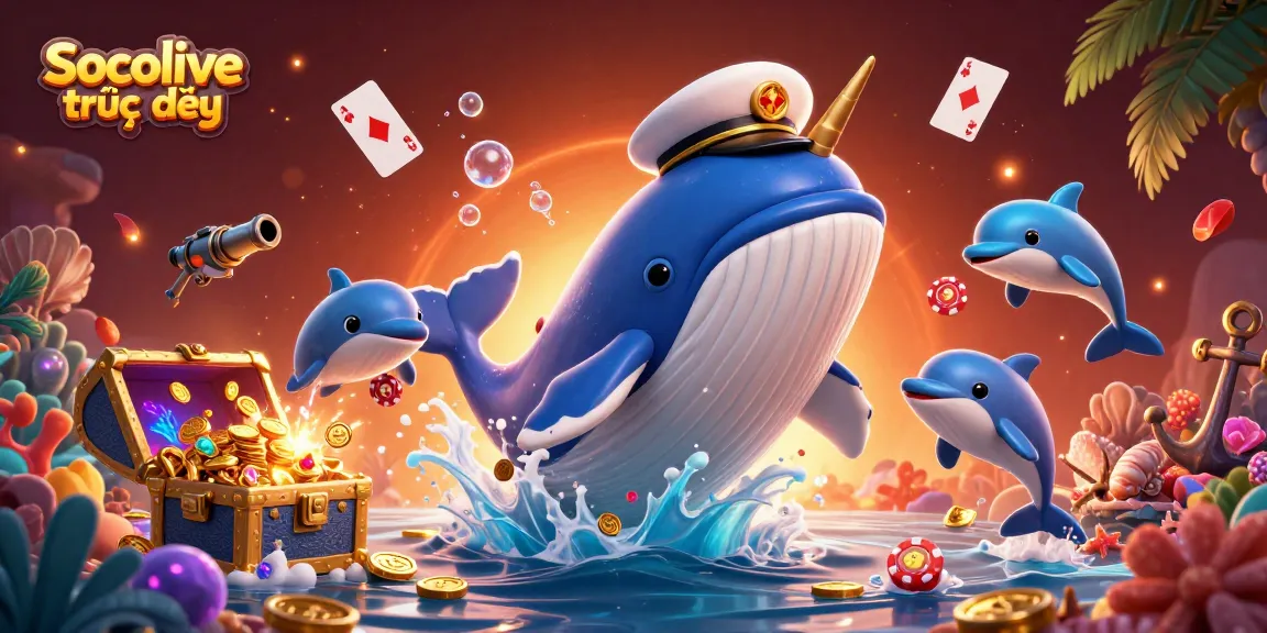 Socolive trực tiếp offers vibrant gameplay insights featuring a thrilling underwater casino adventure with a whale, narwhal, and dolphins.
