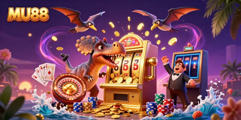 Engaging MU88 casino scene with dynamic characters celebrating a jackpot win surrounded by coins and vibrant elements.