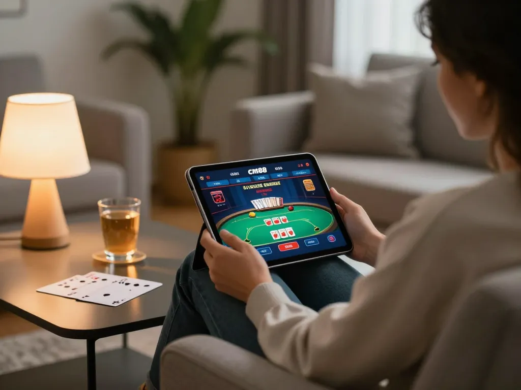 Engaging with cm88 online casino gameplay on a tablet in a cozy home setting