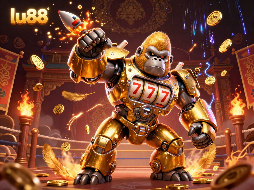 Experience the thrill of lu88 with a dynamic golden gorilla mech, celebrating slots action and jackpots.