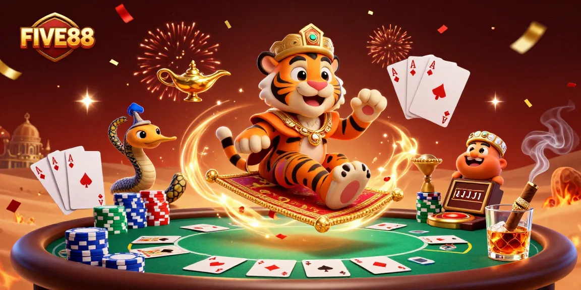 Experience the excitement at FIVE88 with a vibrant casino scene featuring a tiger sultan and magical elements.