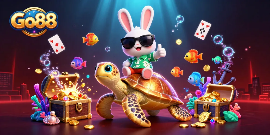 Experience the thrill of Go88's gaming with a lucky rabbit and a golden turtle in this vibrant casino scene.