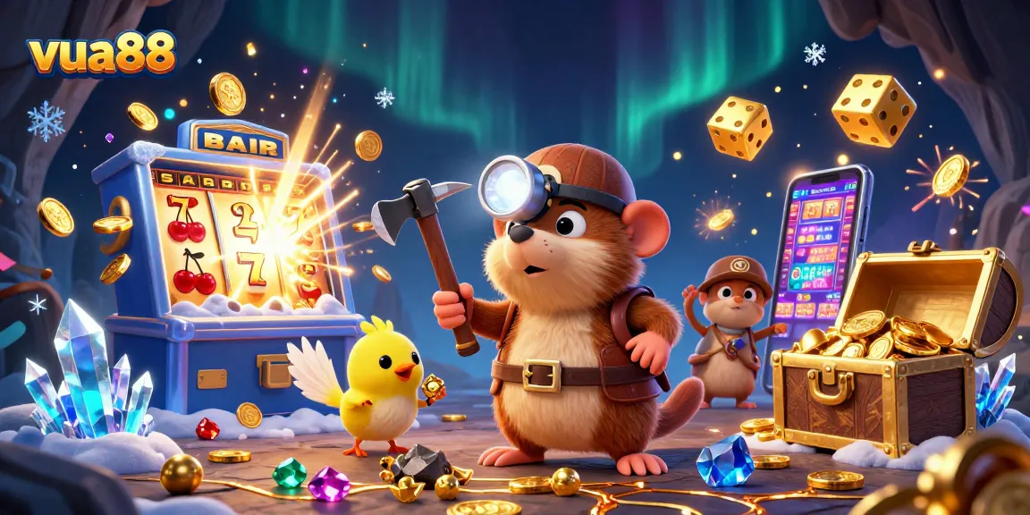 Spin and win at vua88 with a treasure hunter in a dazzling casino landscape.