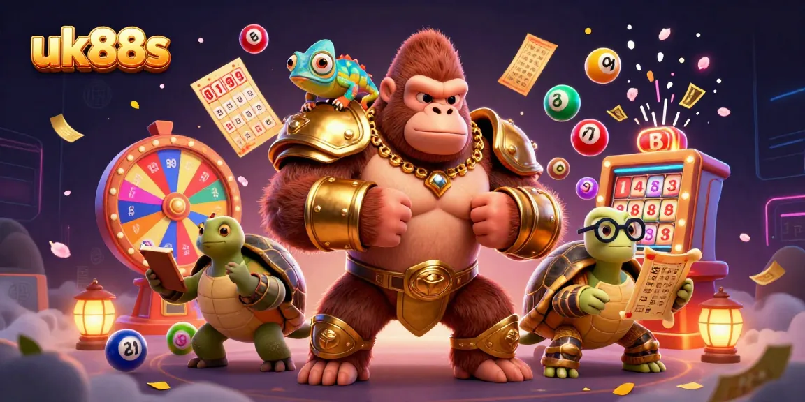 Engage with vibrant uk88s gambling experiences featuring a gorilla king, chameleon, and tortoise in dynamic action.