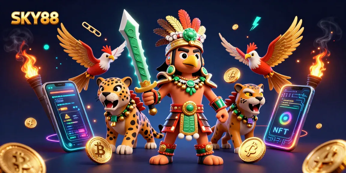 Experience thrilling gaming at SKY88 with vibrant Aztec warriors and dynamic crypto elements.
