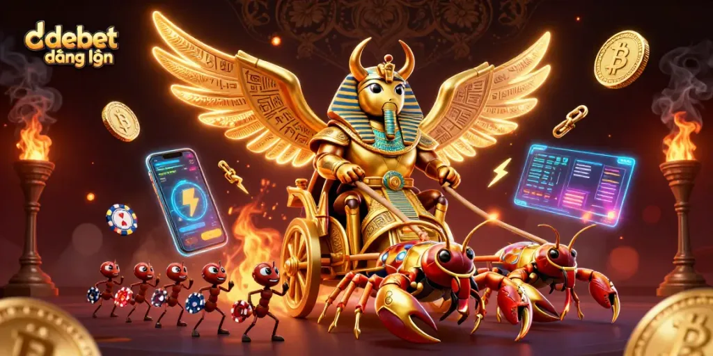 Win big with debet đăng nhập as colossal golden characters race through a vibrant, dynamic casino landscape.