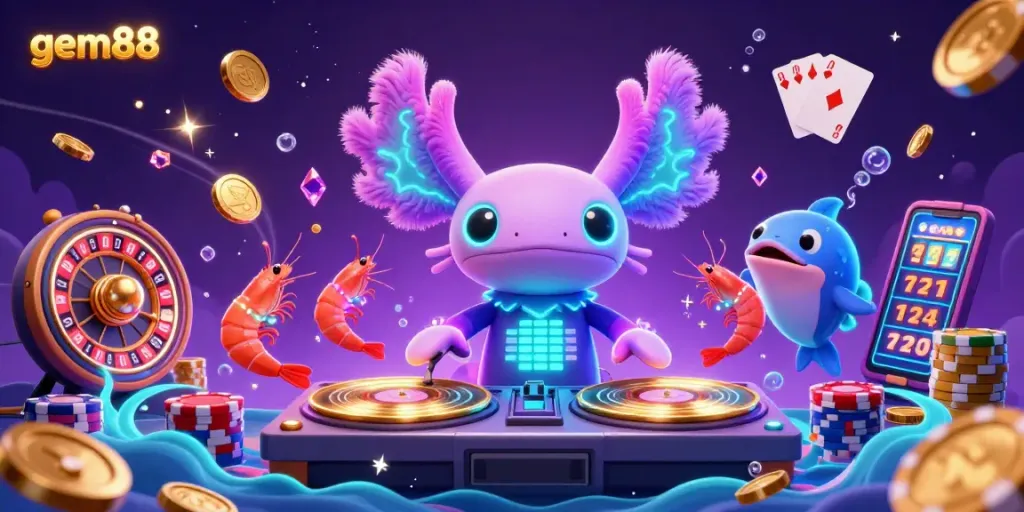 Experience the thrill of gaming at gem88 with neon cartoons and lively casino elements in an exciting underwater scene.