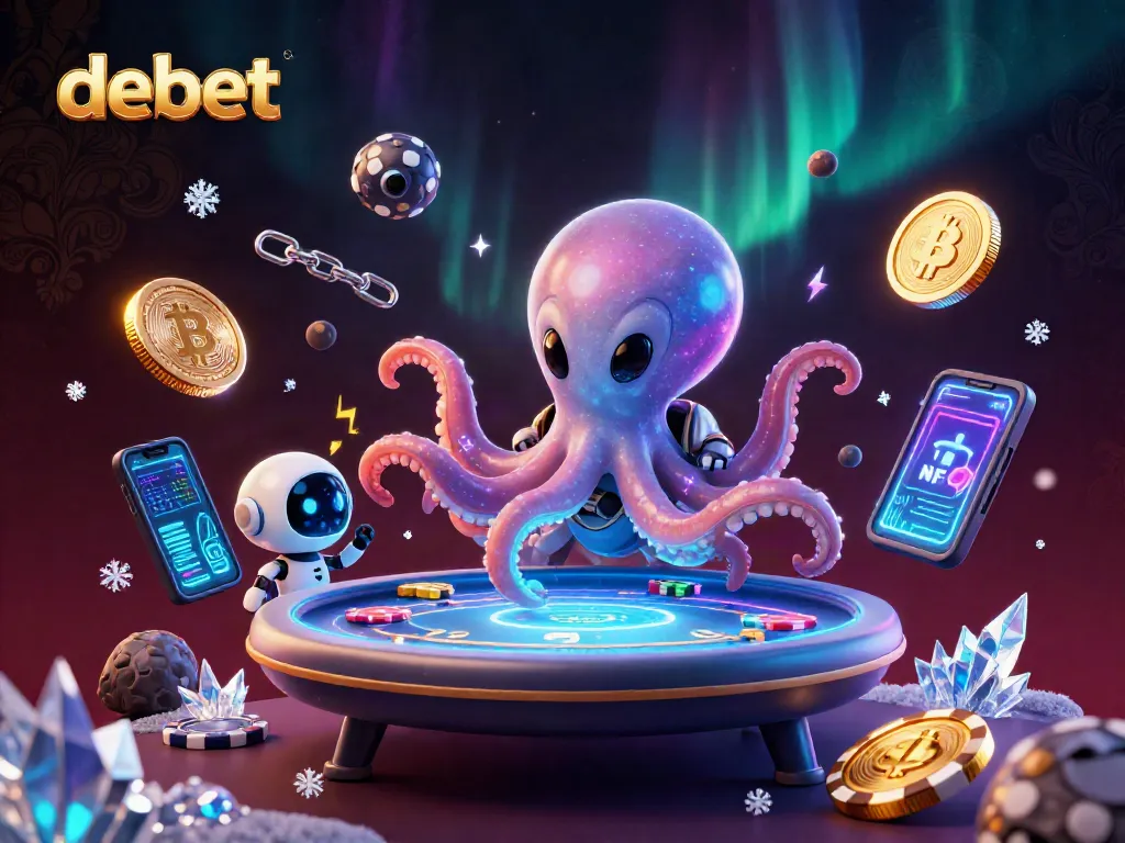 Engage with debet's alien octopus at a vibrant poker table in a cosmic casino environment.