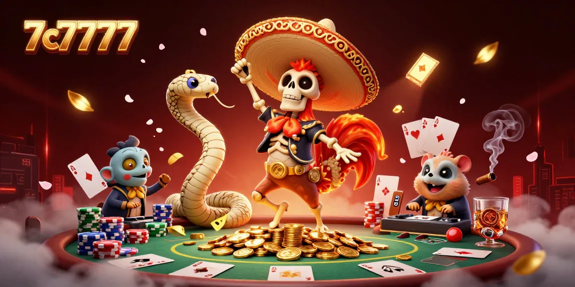 Experience the excitement of 7c7777 at a vibrant casino scene featuring a lively mariachi rooster and poker elements.