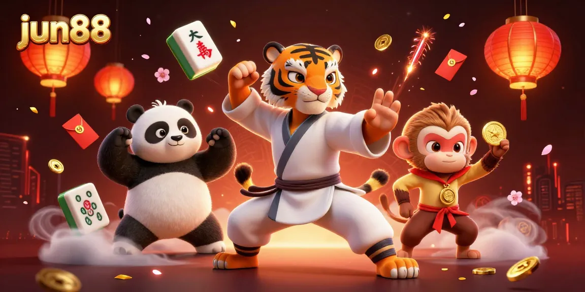 Experience exciting wins with jun88 in this vibrant, action-packed casino scene featuring a kung fu tiger and friends.