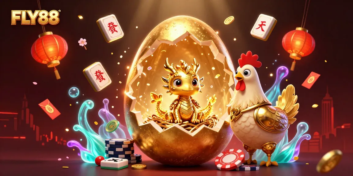 FLY88 gaming scene showcases a golden dragon surrounded by vibrant casino elements and festive decorations.