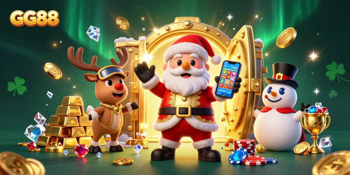 Celebrate wins at GG88 casino with Santa and friends in a festive, vibrant scene.