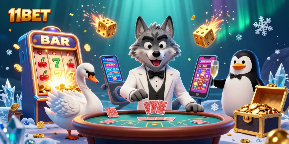 Experience thrilling moments at 11BET as the cartoon wolf, swan, and penguin celebrate casino wins.
