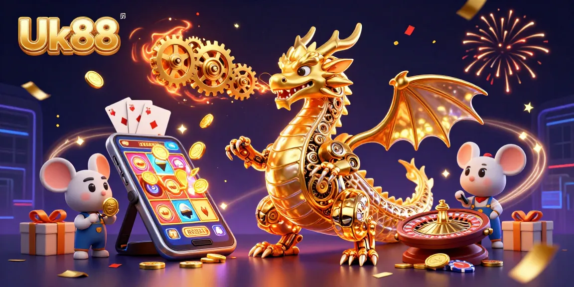 Engage with Uk88’s thrilling slots and casino vibes in a dynamic 3D illustration.