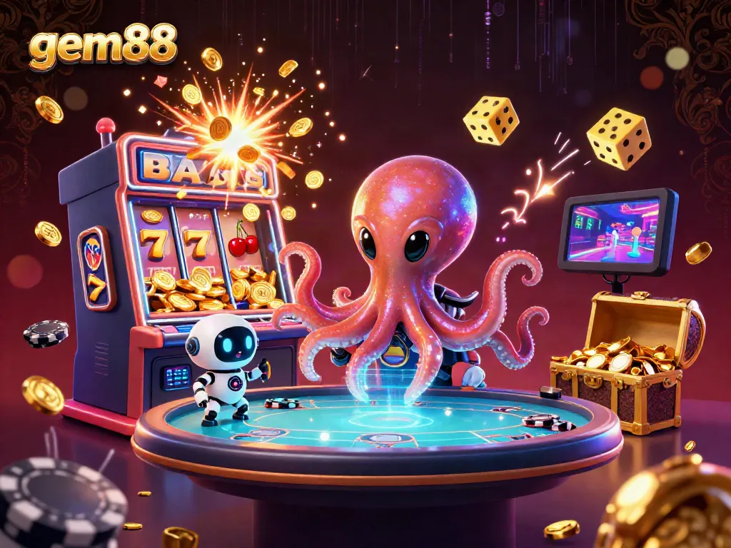 Join the exciting action at gem88 with alien octopus at a floating poker table amidst slot game chaos.