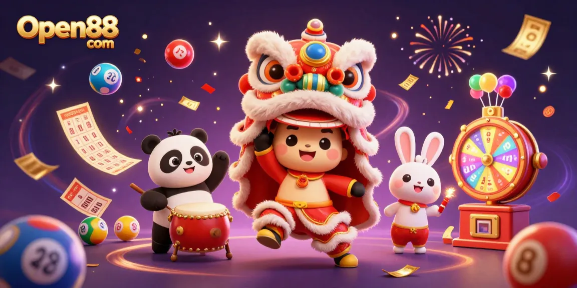 Engage with thrilling games at Open88 com while exploring vibrant casino elements in this festive illustration.