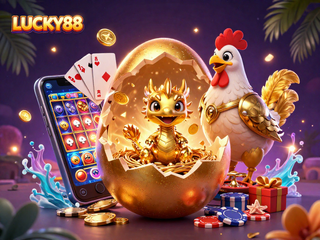 LUCKY88 showcases a dazzling baby dragon emerging from golden poker chips, emphasizing exciting casino gaming elements.