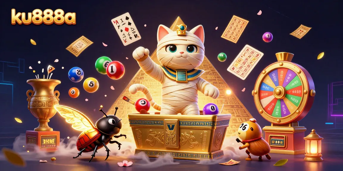 Experience the thrill of ku888a with a dynamic 3D illustration of a mummy cat in a pyramid casino background.