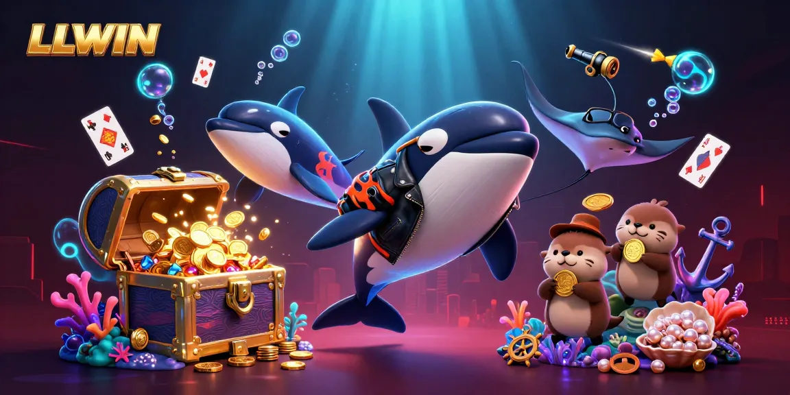 LLWIN casino illustration showcasing an orca and otters celebrating winnings amidst underwater treasures.