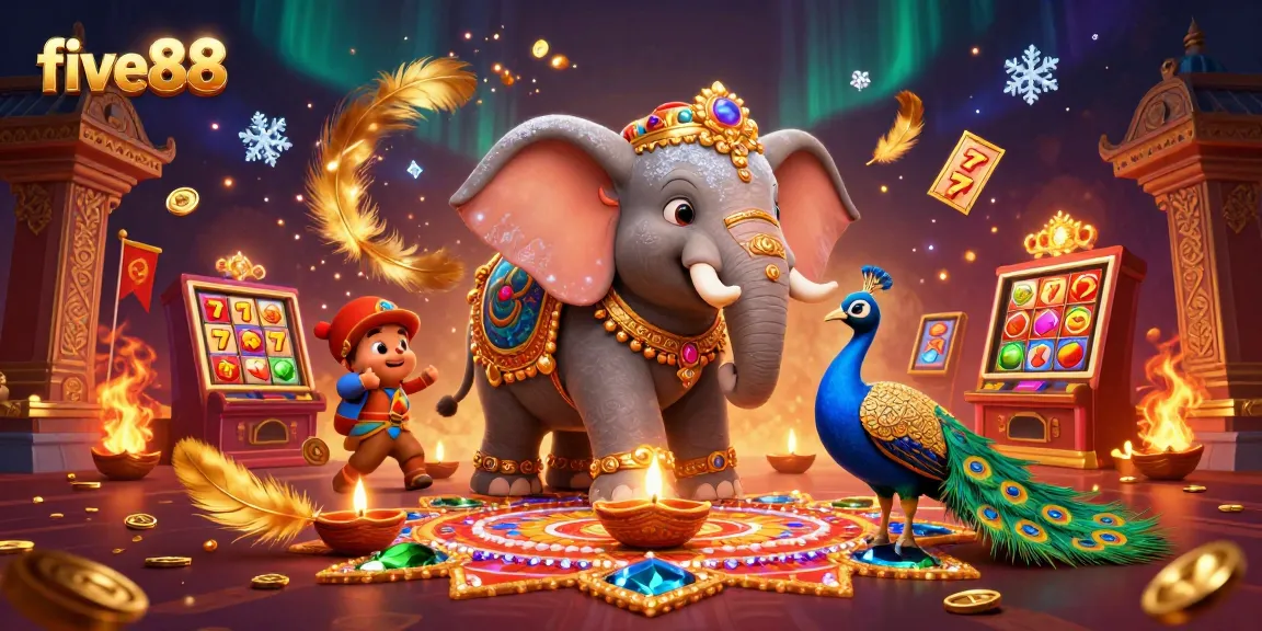 Enjoy the thrilling five88 slots experience featuring a vibrant Diwali-themed scene with an elephant and slot elements.